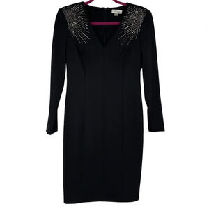 Calvin Klein LBD black sheath dress with embellished shoulder starburst 6